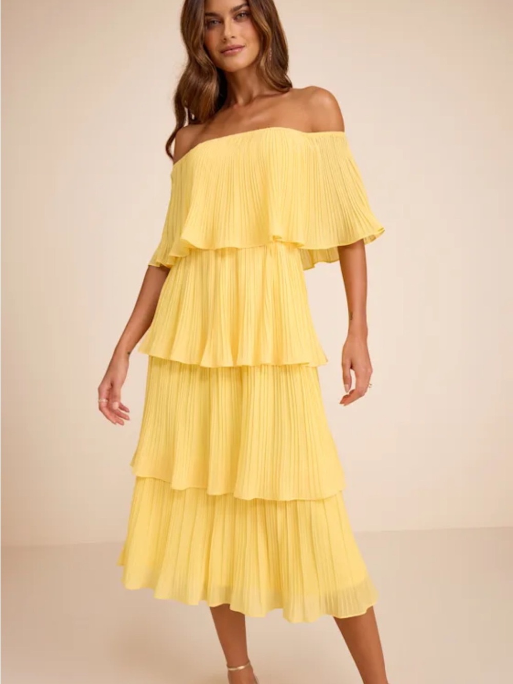 Lulu's Sunny Off-Shoulder Tiered Midi Dress in Yellow